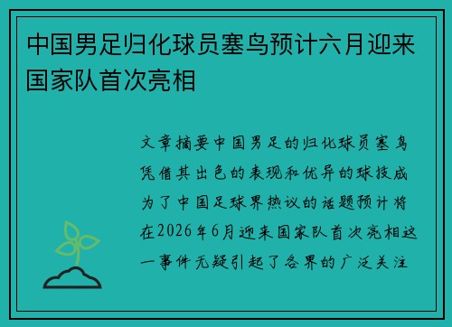 中国男足归化球员塞鸟预计六月迎来国家队首次亮相