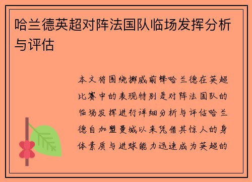 哈兰德英超对阵法国队临场发挥分析与评估